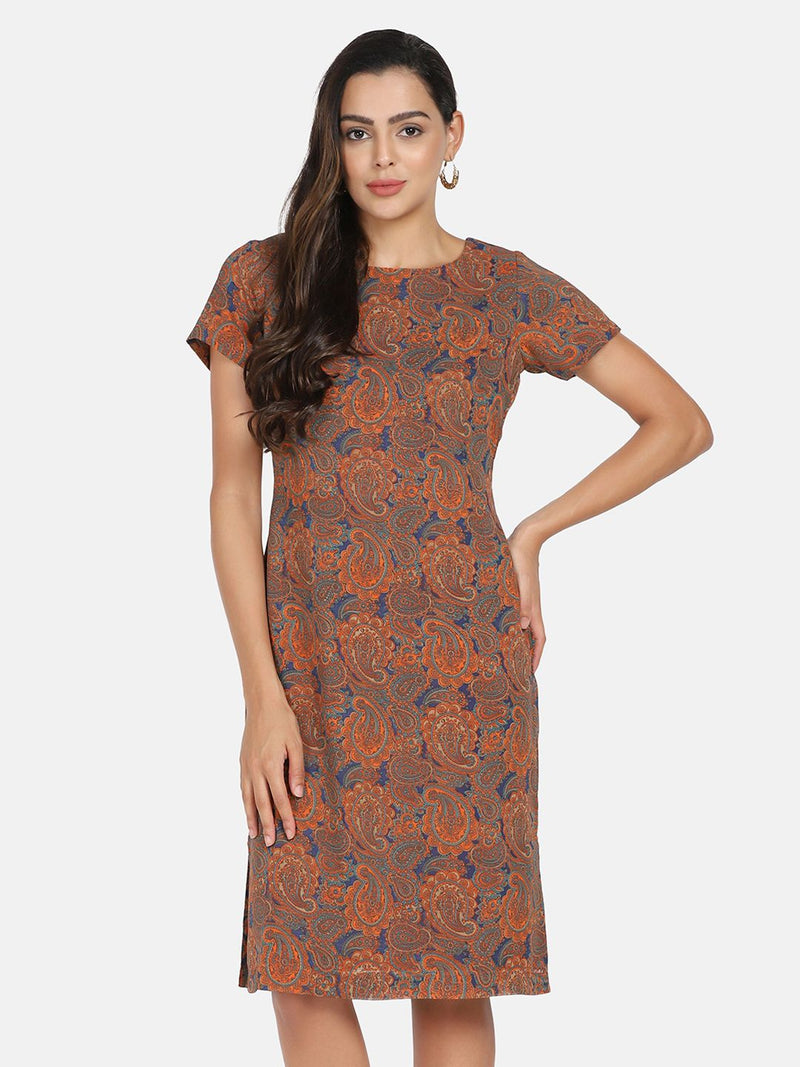 Paisley Print Georgette Sheath Dress for Women - Orange & Blue