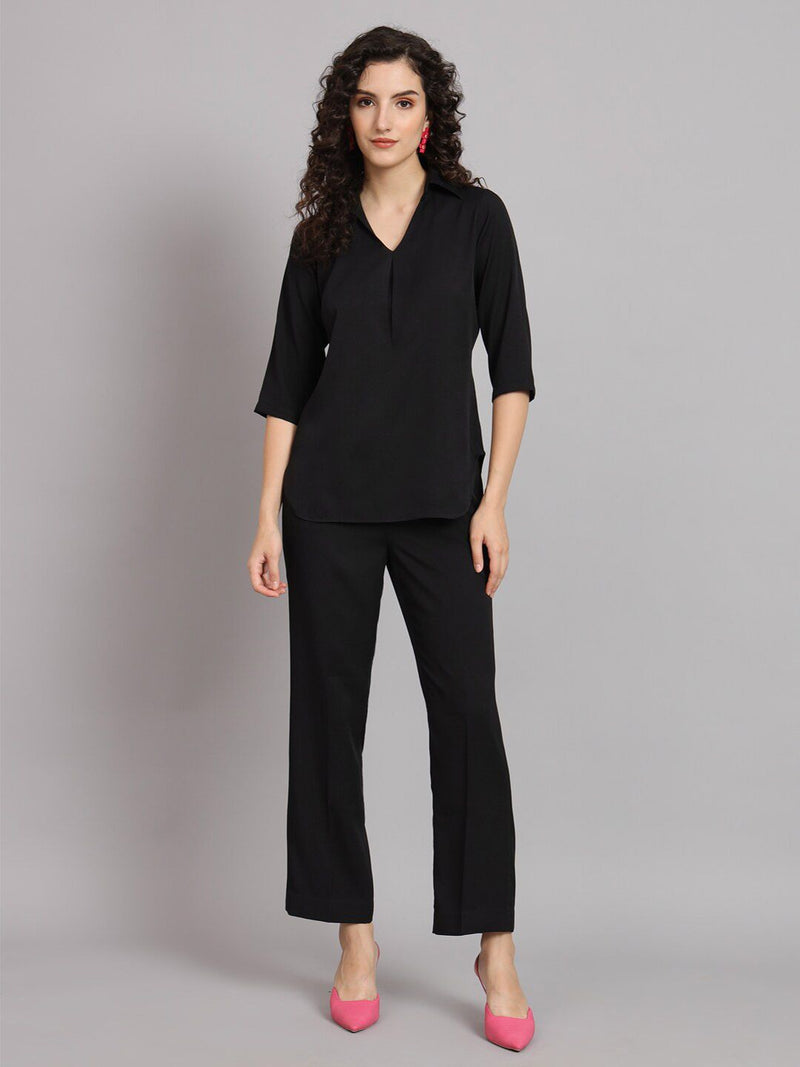 V-Neck Shirt Collar with Box Pleat Pant Suit - Black