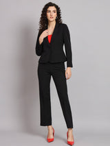 Short Blazer Notched Collar Polyester Pant Suit - Black