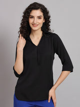 V-Neck Shirt with Box Pleat - Black