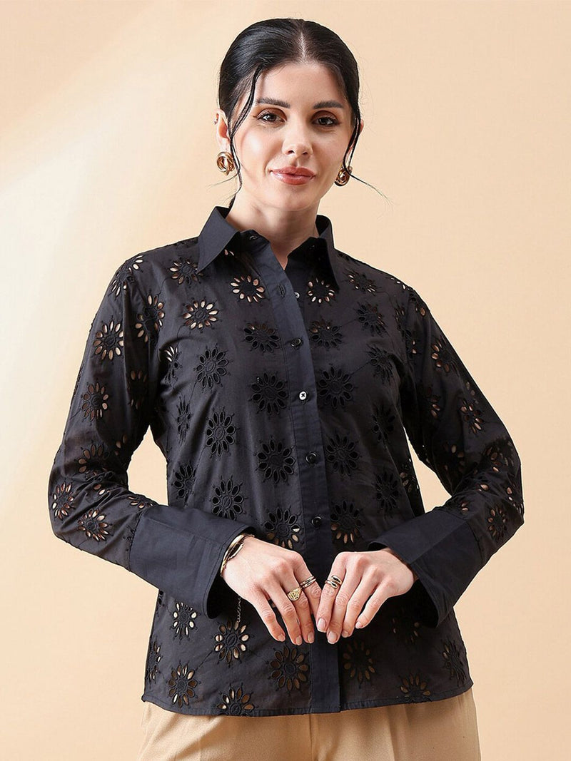 Schiffli Collared Shirt- Black