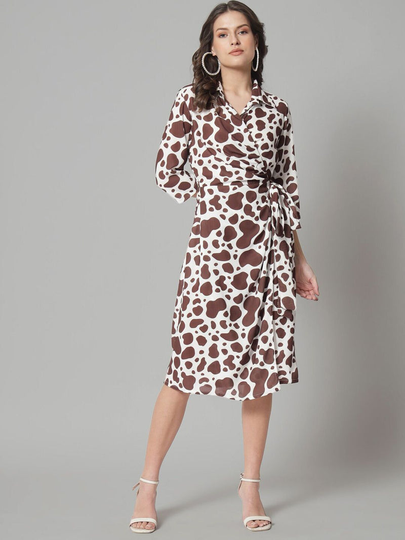 Wrap Around Animal Print Dress - Brown & White