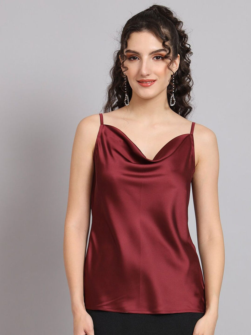 Sleeveless Satin Top With Cowl Neck - Maroon