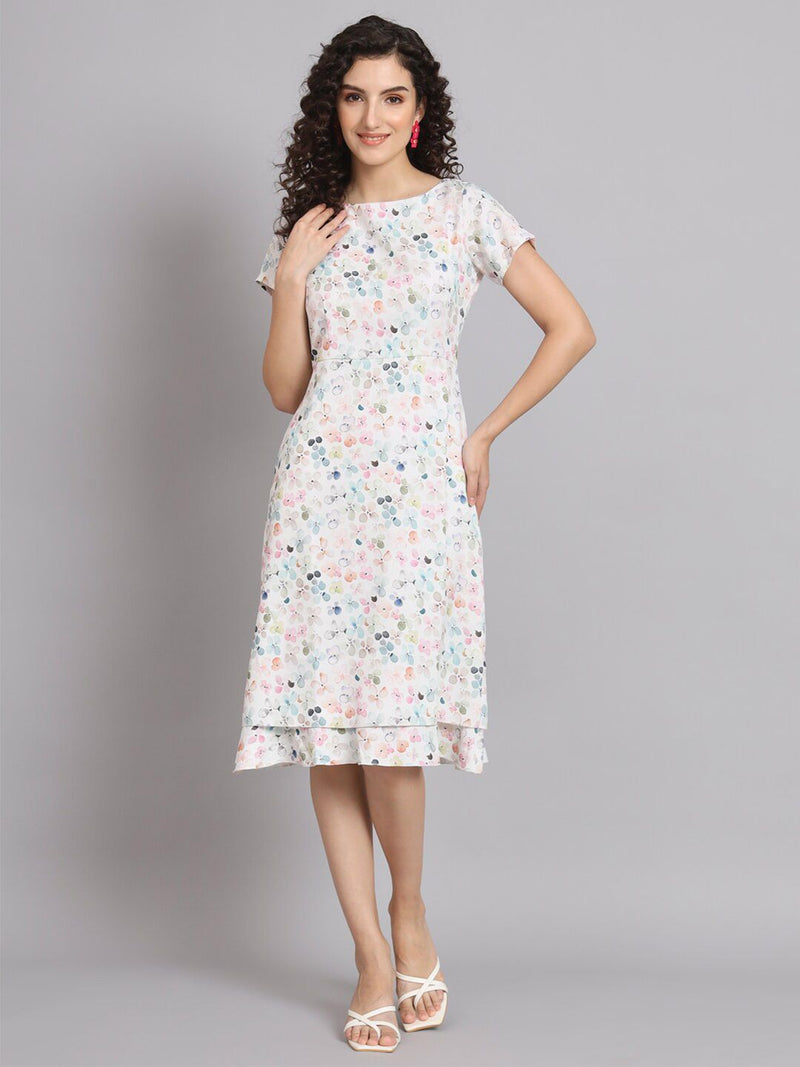 A Line Printed Floral Frill Dress - White