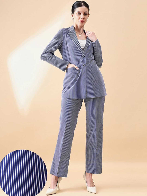 Cotton Stripe Pant Suit - Blue and White