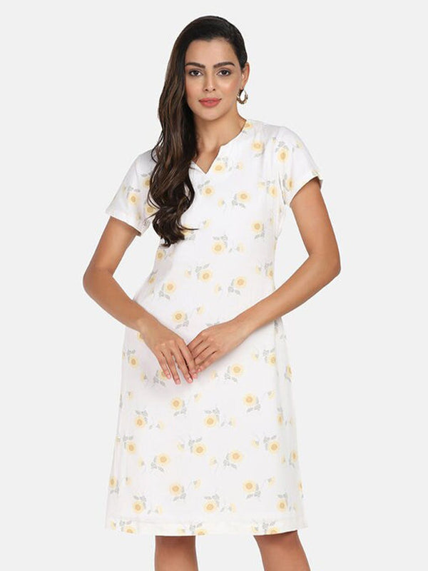 Floral Print Rayon A line Stress - White & Yellow