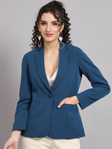 Notched Collar Polyester Blazer - Teal Blue