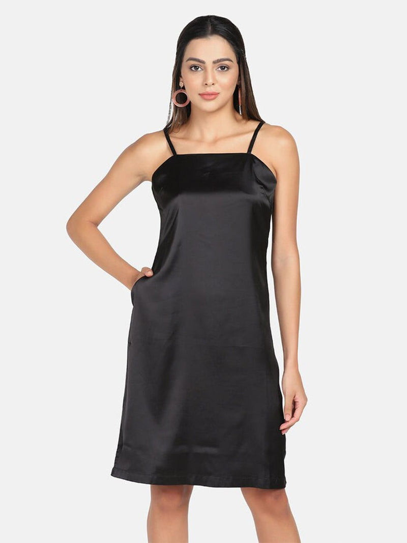 Satin Spaghetti  Dress - Black