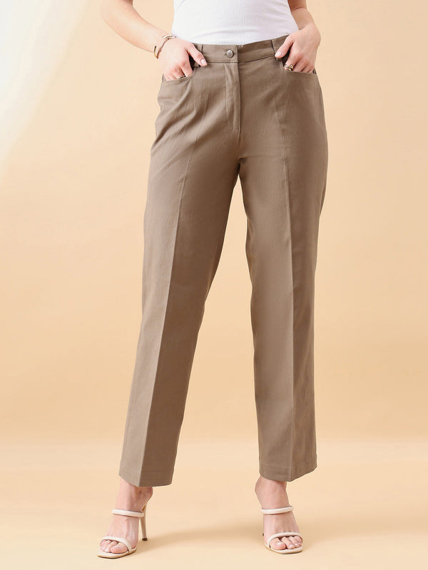 Stretch mid waist straight trouser in slate brown color for women.