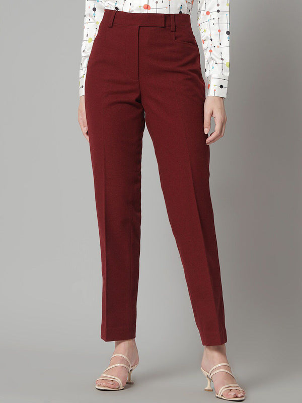 Regular Fit Mid Waist Tweed Trouser- Red