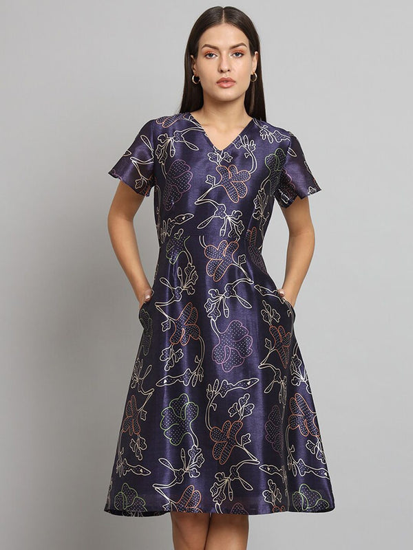 Printed Silk A-Line dress- Blue