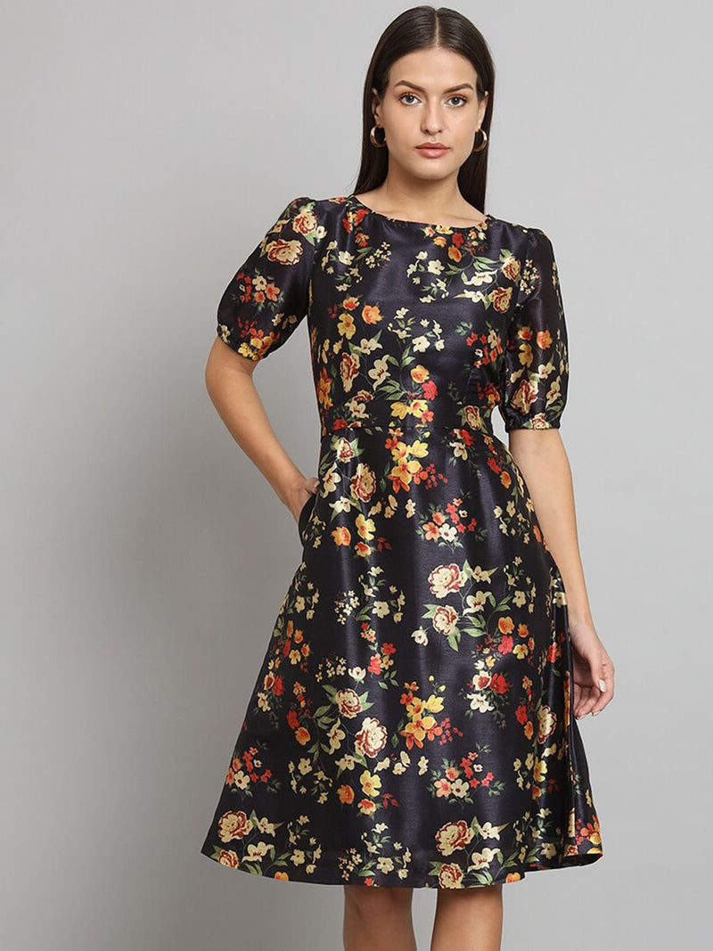 Printed Silk A-Line dress- Black