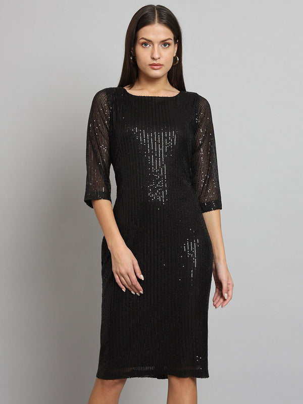 Stretch Sequins Party Dress- Black