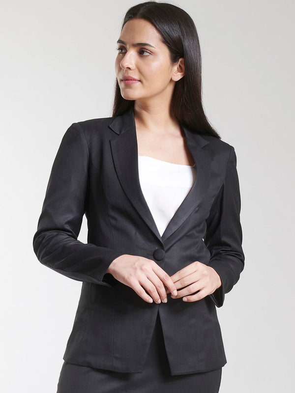 Poly Cotton Single Button Blazer - Black