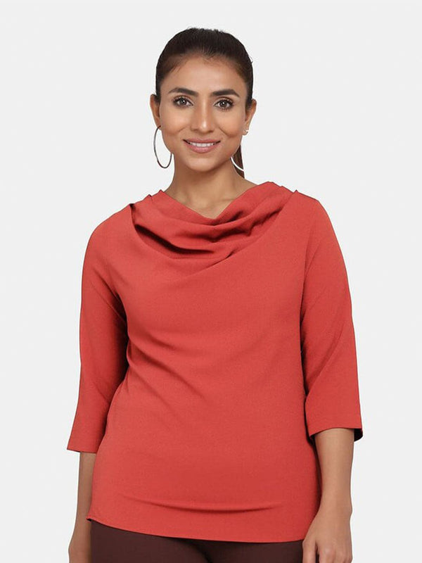 Cowl Neck Stretch Top for Women - Rust