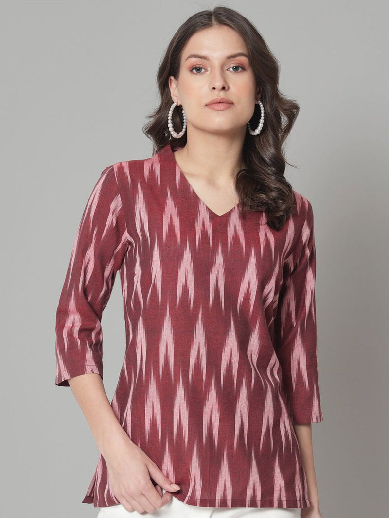 V-Neck Ikat Print Cotton Top- Maroon