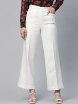 Comfort Fit Mid Waist Wide Bottom Stretch Trouser - White