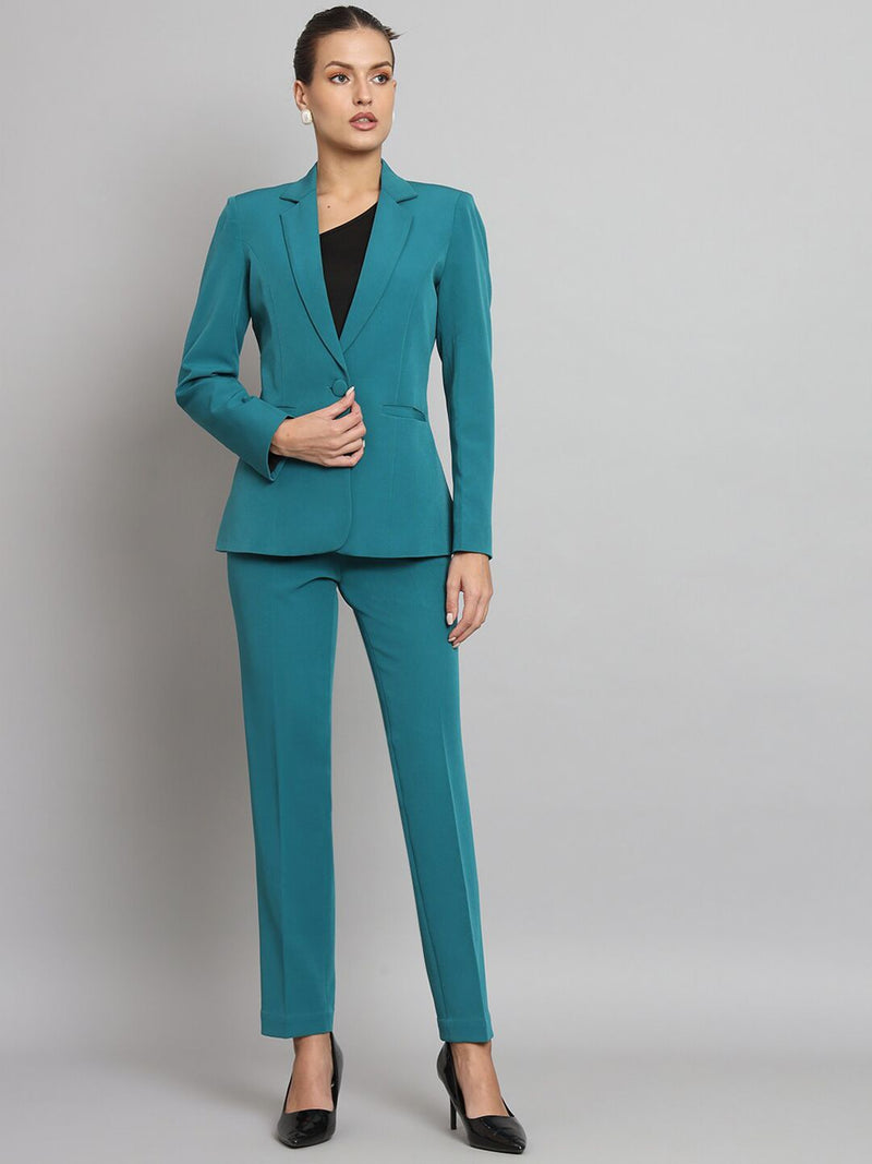 Notch Collar Stretch Pant Suit- Teal Green