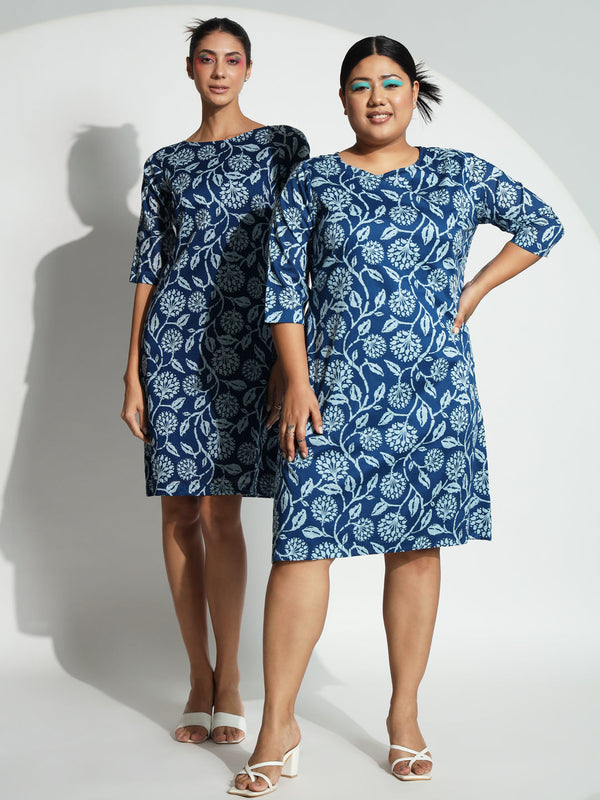 A-line blue cotton printed dress worn by two models.