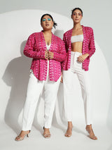 Front open ikat print jacket in white and pink style.