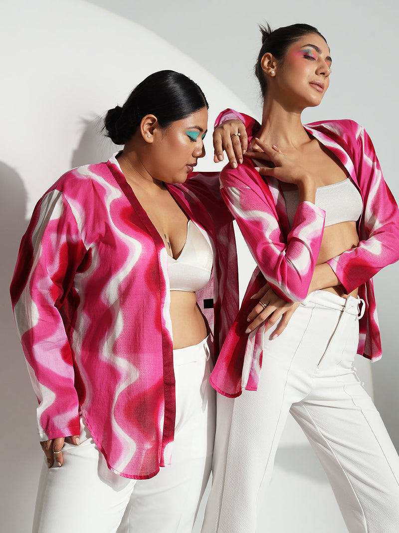 Front open pink abstract print jacket styled with chic outfits.