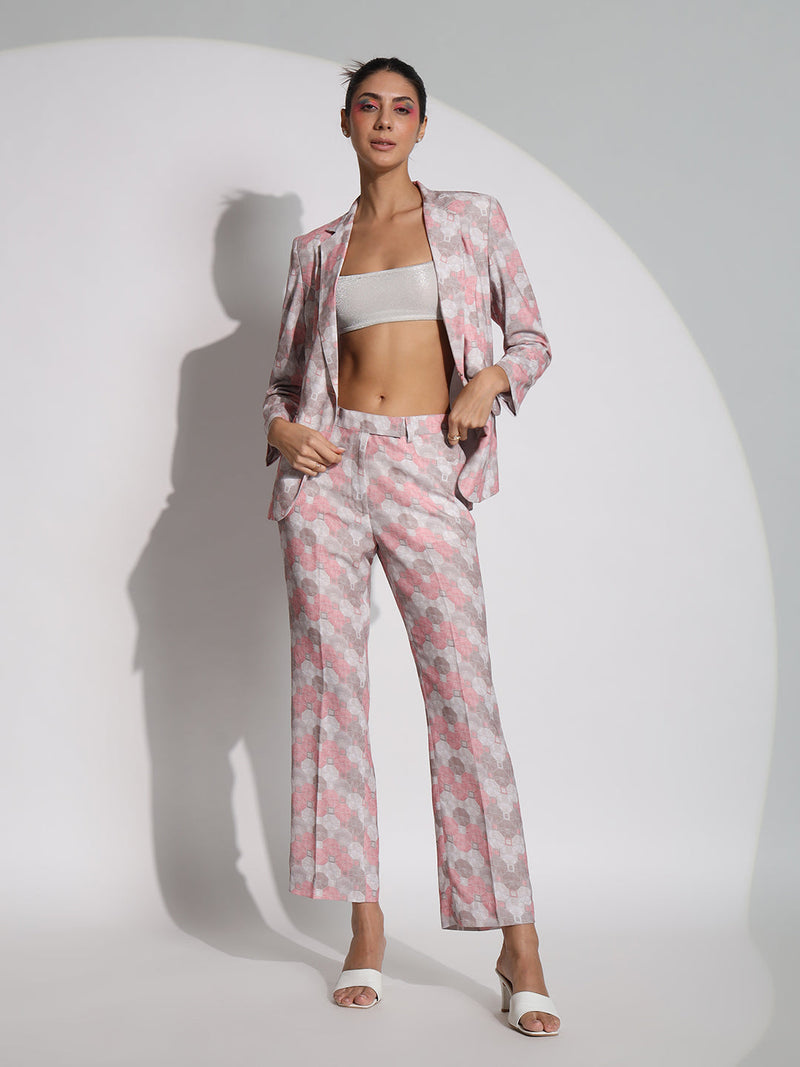 Printed Co-Ord Set in pink featuring a stylish blazer and flared pants.