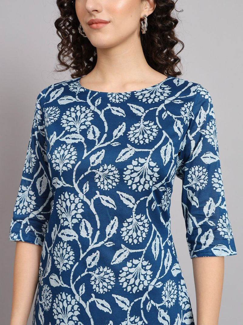 A line Cotton Printed Dress - Blue