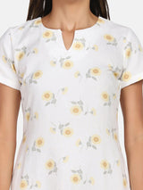 Floral Print Rayon A line Stress - White & Yellow