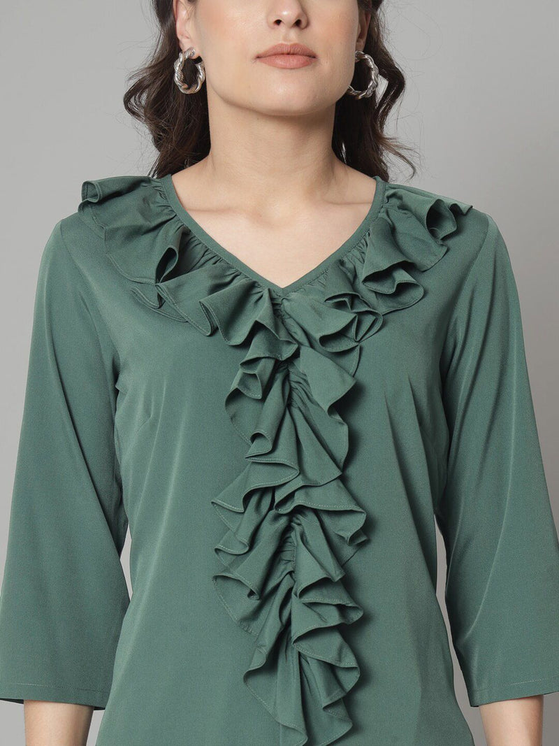 Ruffled Neckline Top- Green