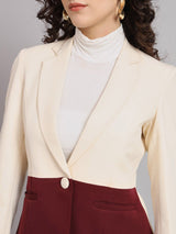 Colour Block Notch Collar Polyester Blazer - Maroon and Off White