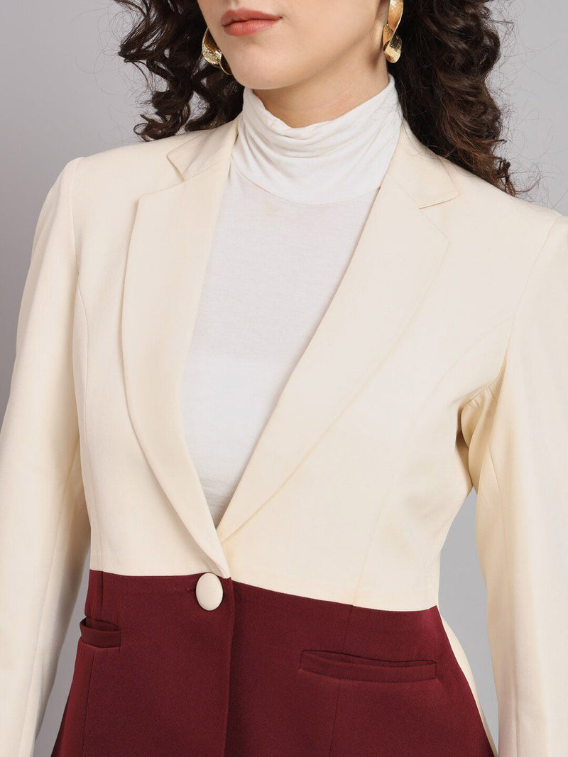 Colour Block Notch Collar Polyester Blazer - Maroon and Off White