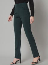 Wide Belt Mid Waist Stretch Pants- Bottle Green