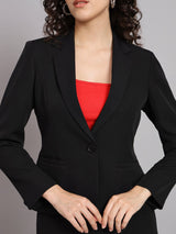 Short Blazer Notched Collar Polyester Pant Suit - Black