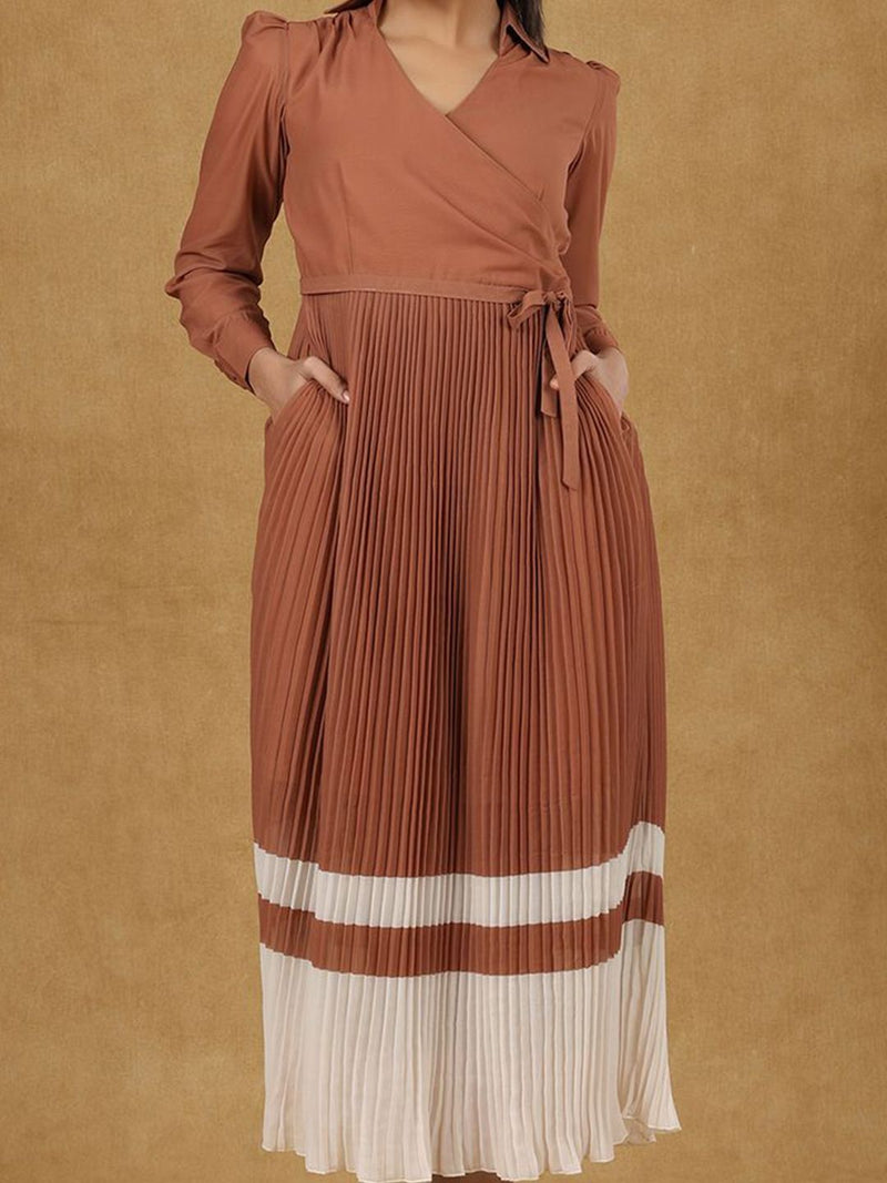 Brown Wrap Pleated Dress