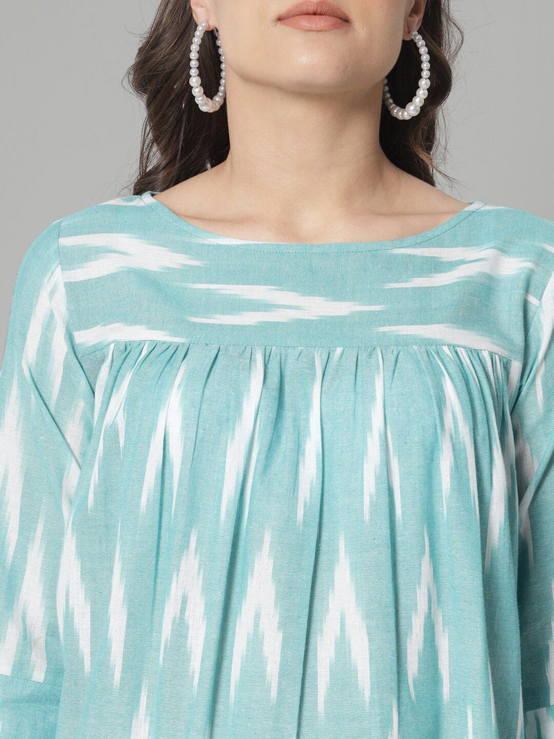 Cotton Ikat Print  Loose Fit Top- Green