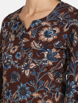 Floral Cotton Top - Brown & Blue