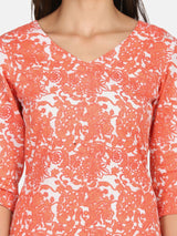 Cotton Printed A Line Dress - Orange & White