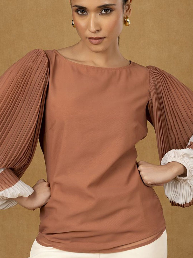 Brown Round Neck Pleated Sleeve Top