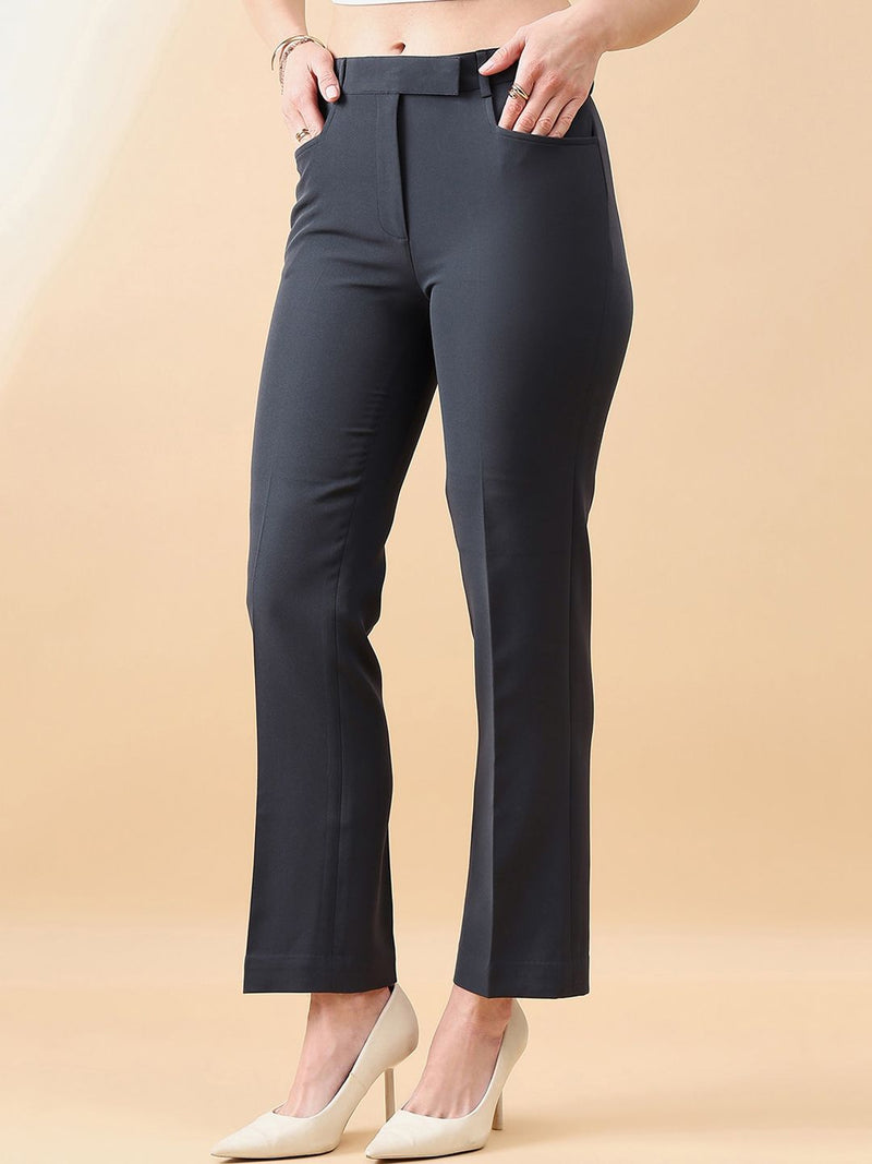 Comfort Fit Mid Waist Stretch Pants- Dark Grey