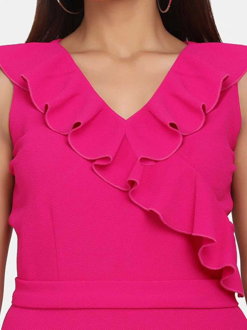 Ruffle Neckline Evening Formal Dress - Fuchsia