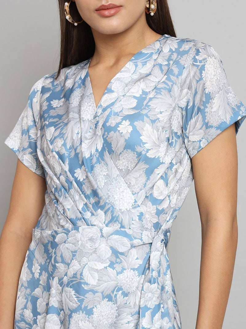 Printed wrap around dress- Blue and Grey