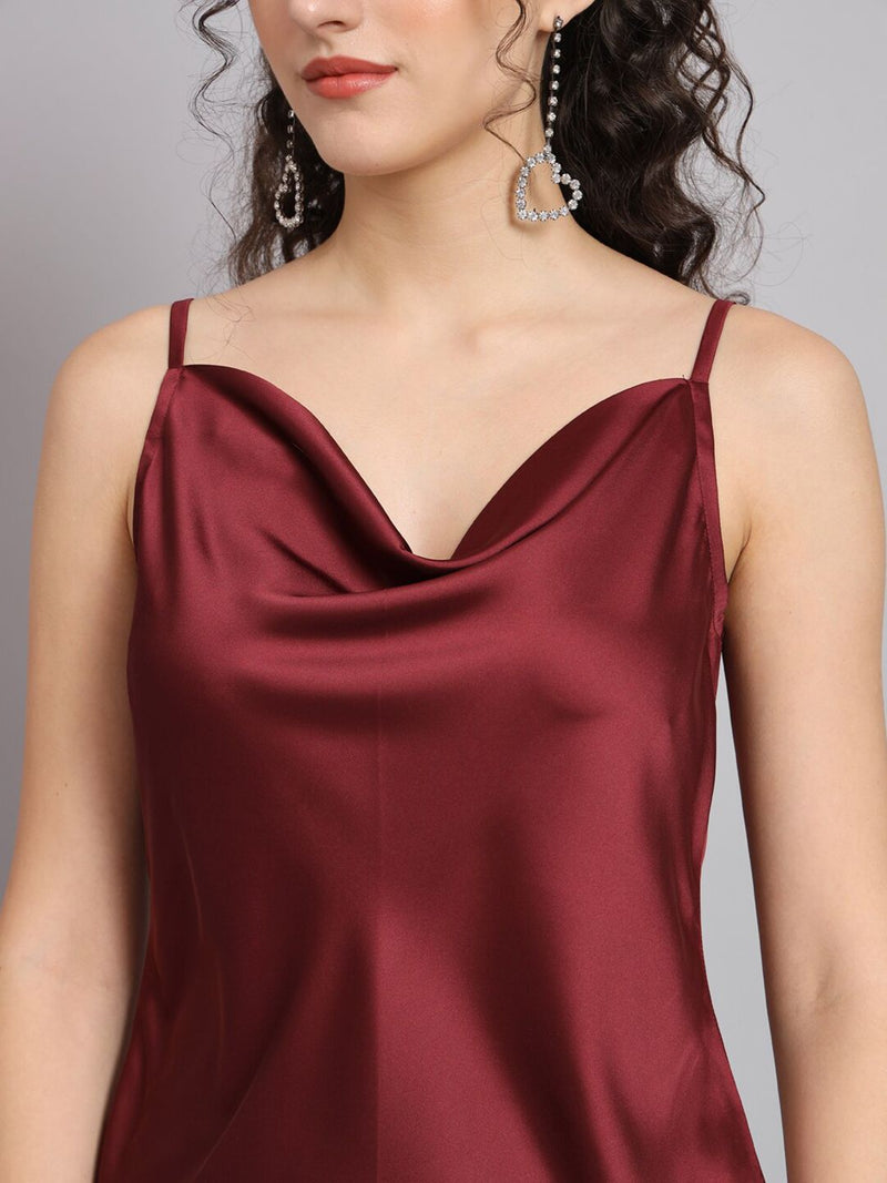 Sleeveless Satin Top With Cowl Neck - Maroon