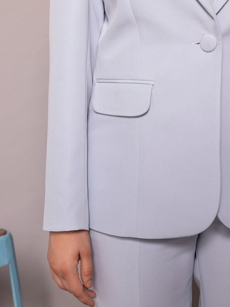 Notch Collar Stretch Pant Suit- Ice Blue