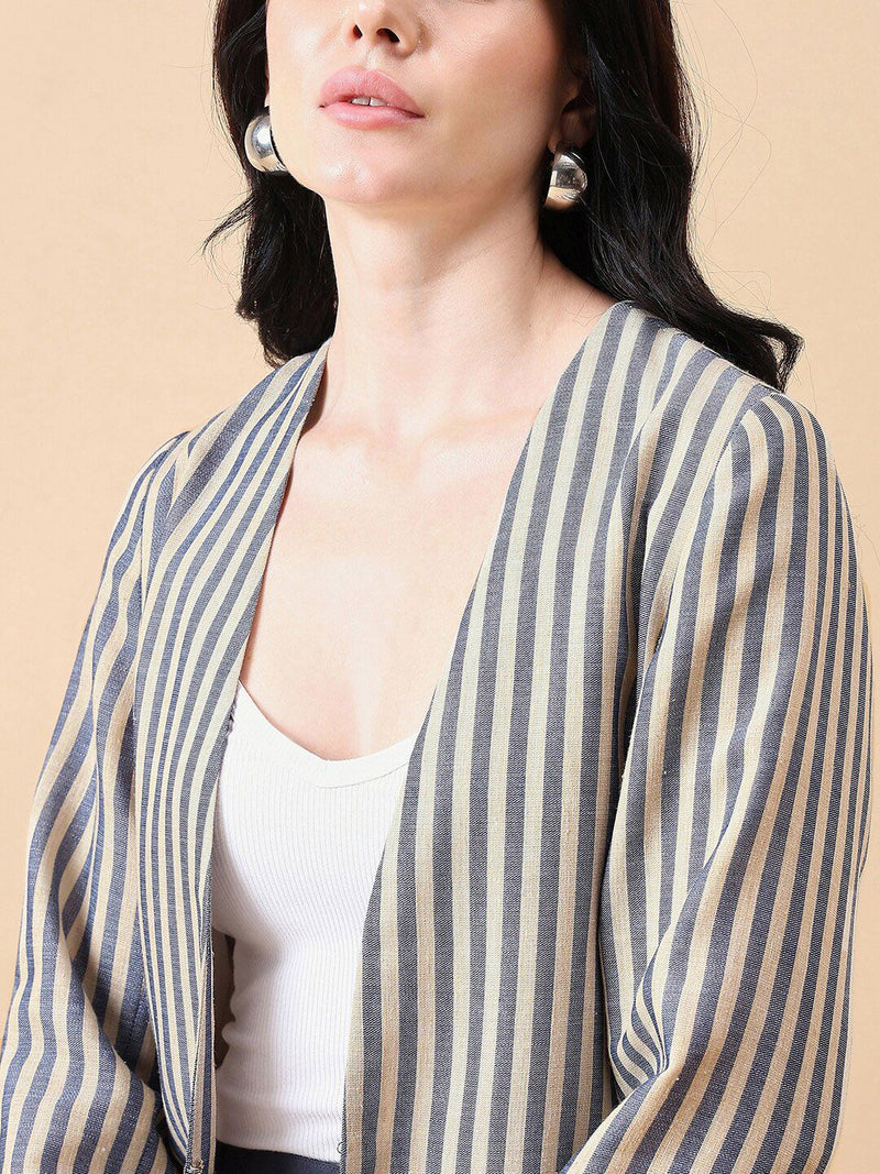 Stripe Poly Linen Blazer - Navy and Beige