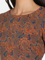 Paisley Print Georgette Sheath Dress for Women - Orange & Blue