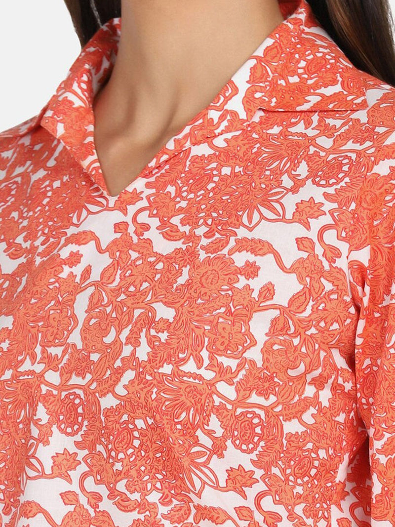 Printed Cotton Top -  Orange &. White