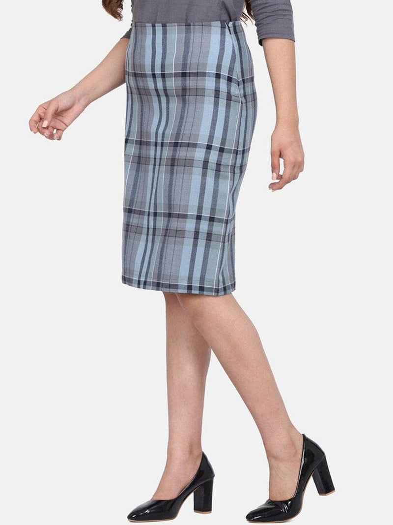 Checkered Straight Cotton Skirt - Grey