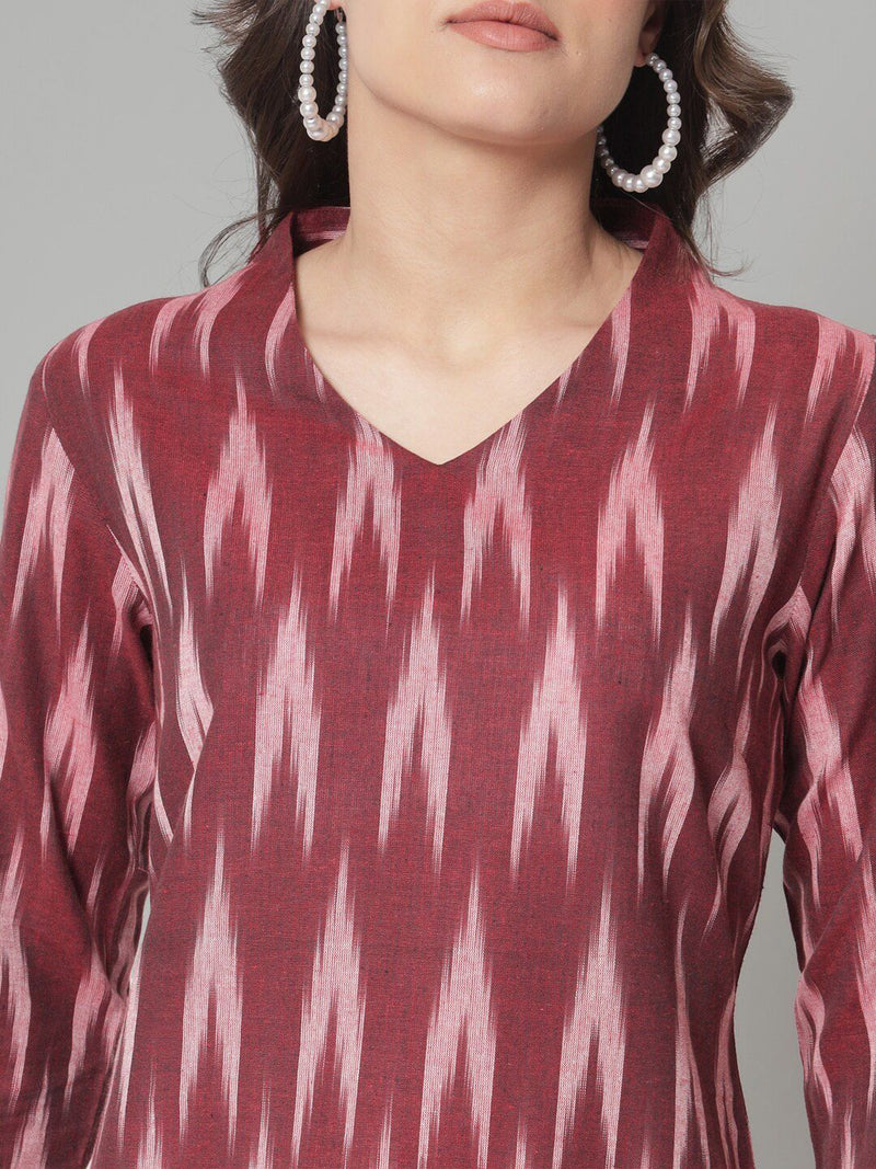 V-Neck Ikat Print Cotton Top- Maroon