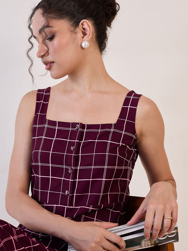 Maroon Check Fit & Flare Dress