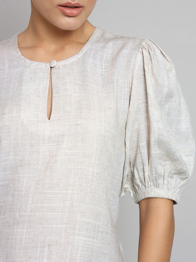 Balloon Sleeves Viscose Linen Top - Light Beige